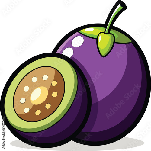 Exotic Purple Fruit With Greenish Skin Slice And Seeds new 2025 trendy  colourful cartoon illustration vector
