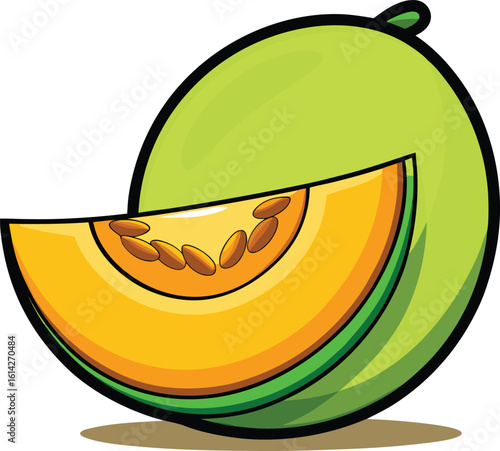 Vibrant Green Cantaloupe Fruit with Slice Showing Seeds new 2025 trendy  colourful cartoon illustration vector