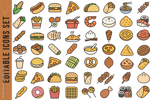 Editable Color Icon Set of Street Food and International Fast Food