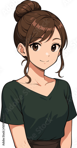 お団子ヘアの女性の横顔のイラスト