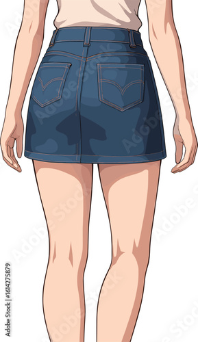 デニムミニスカートを履く女性の後ろ姿のイラスト