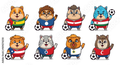 A charming collection of cute hamster cartoon mascots for a soccer team. Each animal character wears a national flag jersey and holds a football.