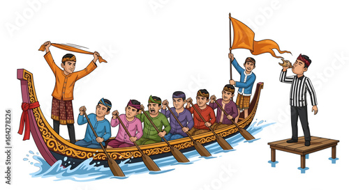 Traditional longboat race illustration with a team of athletes rowing in a cultural water festival competition.
