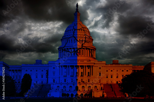 US Capital split between red and blue with cracks in dome.