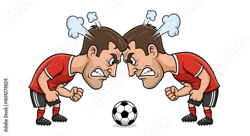 Heated confrontation between two angry cartoon soccer players in a rivalry match. Furious athletes face off.