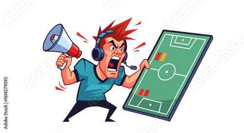 Irate cartoon sports coach shouting into a megaphone, frustrated with the game plan on a tactical board. Concept of intense pressure.