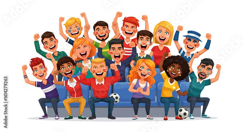 A large, diverse crowd of enthusiastic cartoon sports fans cheering together with passion in a stadium