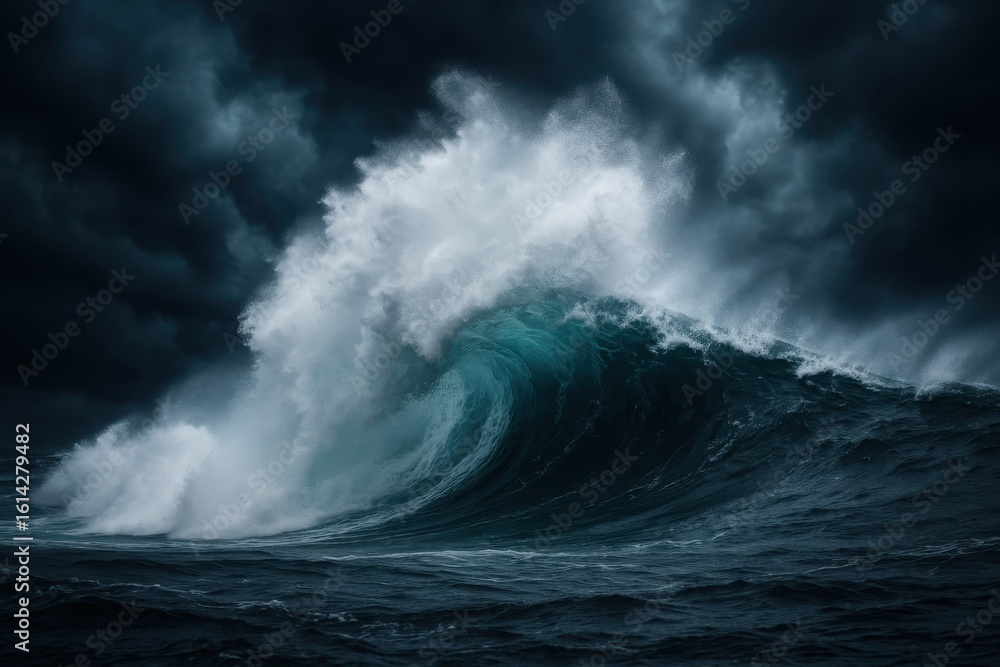 Obraz premium Powerful Ocean Wave Crash with Explosive White Water Spray Against Dramatic Storm Sky Background