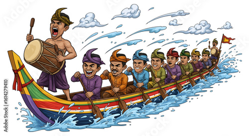Dynamic illustration of a traditional Malay longboat race, highlighting the power of teamwork and cultural spirit