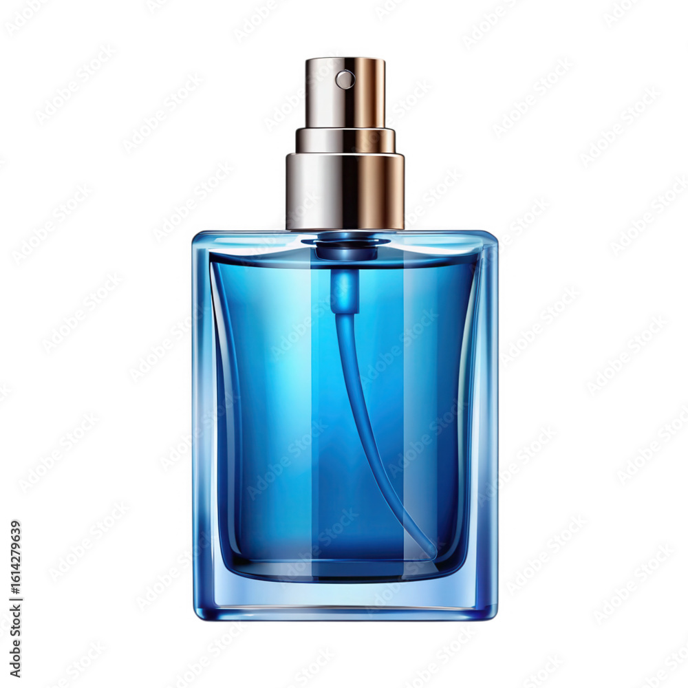 Fototapeta premium Blue Glass Perfume Bottle Mockup with Silver Spray Cap on White Background