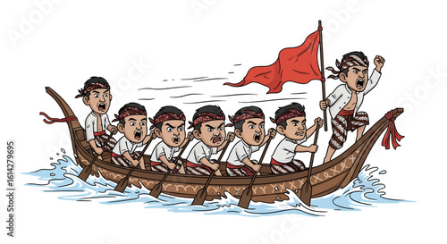 Illustration of men in traditional Indonesian attire rowing a longboat with determination, showcasing teamwork and cultural spirit.