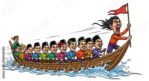 Energetic cartoon of a traditional boat crew paddling in unison, showcasing leadership and collective effort on the water.