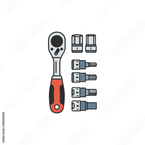 Ratchet wrench with socket set and screwdriver bits on a white background.