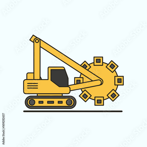 Yellow trenching machine with a large rotary cutting wheel on tracks.
