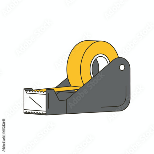 Tape dispenser with yellow tape on a gray stand against a white background.