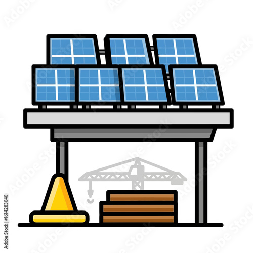 Solar panels on a platform with construction materials and a crane below.