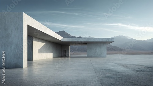 3d render of abstract modern concrete architecture with empty cement floor, minimal exterior, car presentation background. High quality