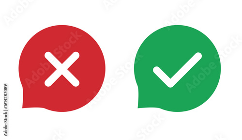 Bold Red Cross and Green Check Mark Icons in Speech Bubble Style – Flat Filled Vector Design for UI, UX, Web, Mobile App Indicators