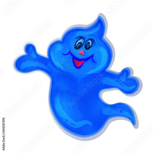 Friendly Cartoon Ghost Illustration in Bright Blue. Cartoon-style blue ghost with cheerful expression and outstretched arms on a white background