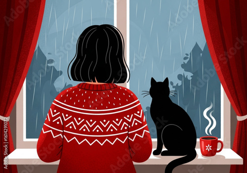 Person with cat and cup by the window on a rainy day – flat vector illustration

