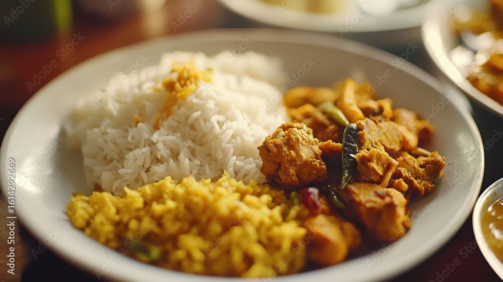 Delicious Plate of Rice and Chicken Curry with Side of Yellow Rice Delicious Plate of Rice and Chicken Curry with Side of Yellow Rice