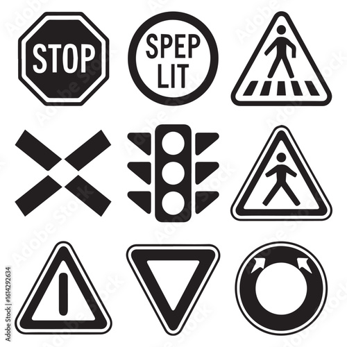 Free Download A set of traffic sign icons displays essential road regulations, pedestrian safety, and railway crossing alerts for urban navigation, isolated on white background - GFXLoad