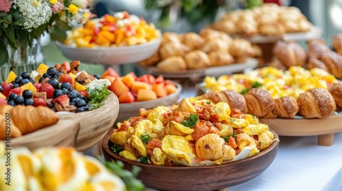 Colorful and Delicious Breakfast Buffet with Fresh Fruits and Pastries
