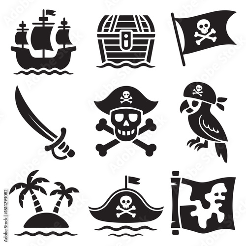 A collection of pirate icons evokes a sense of highseas adventure with images of ships, treasure chests, and skull flags isolated on white background