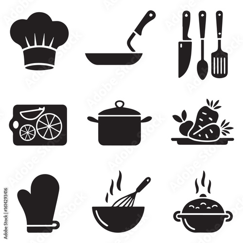 A set of cookingthemed vector icons featuring a chefs hat, pan, knife, cutting board, pot, vegetables, glove, and bowl isolated on white background