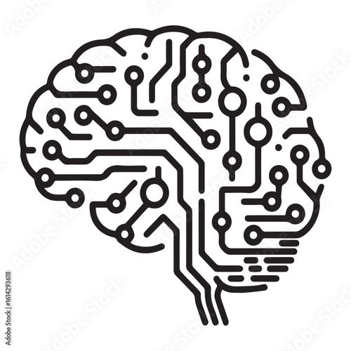 A stylized brain icon represents artificial intelligence and technological innovation, isolated on white background