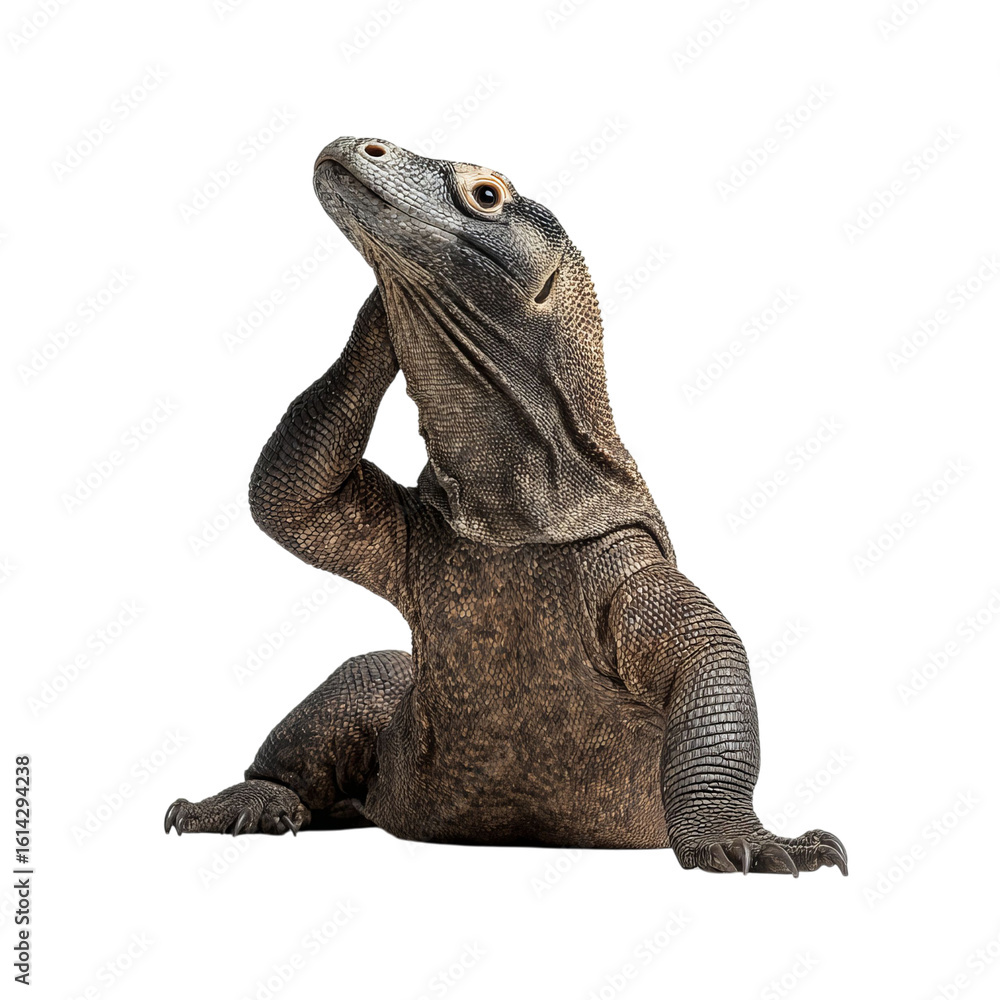 Obraz premium Png of A Komodo dragon appears thoughtful, raising its head and resting a limb across its body in a natural pose.