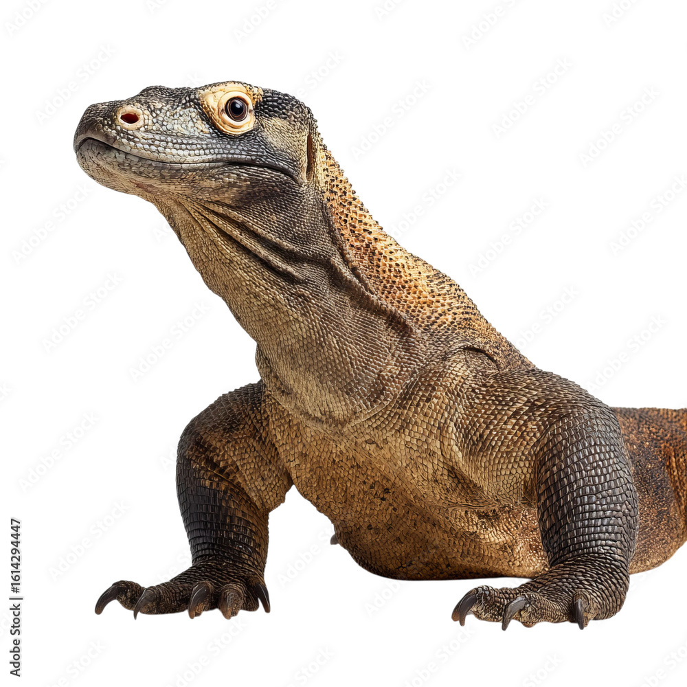 Obraz premium Png of A detailed close-up of a Komodo dragon, showcasing its textured skin and striking features against a plain background.