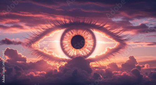 A giant eye appears in the sky, surrounded by pink and purple clouds illuminated by a bright light source.