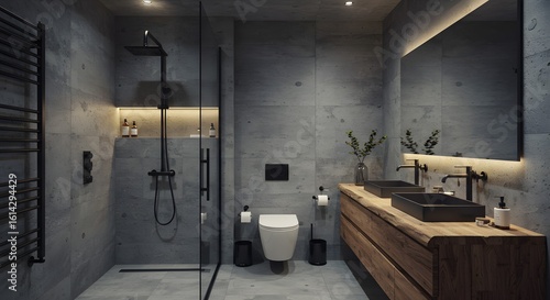 Modern Industrial Bathroom Interior Design with Concrete Walls, Elegant Wooden Vanity, and Black Fixtures. Stylish Contemporary Home Decor with Wal...