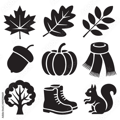 A collection of autumnthemed icons, including leaves, a pumpkin, and a squirrel, isolated on white background