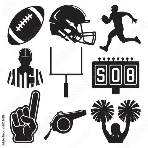 A collection of football silhouettes, including a helmet, player, referee, and cheerleader, isolated on white background
