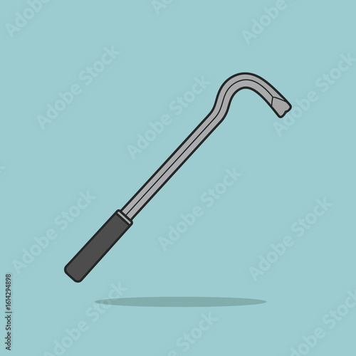 A gray crowbar with a black handle is isolated on a blue background.