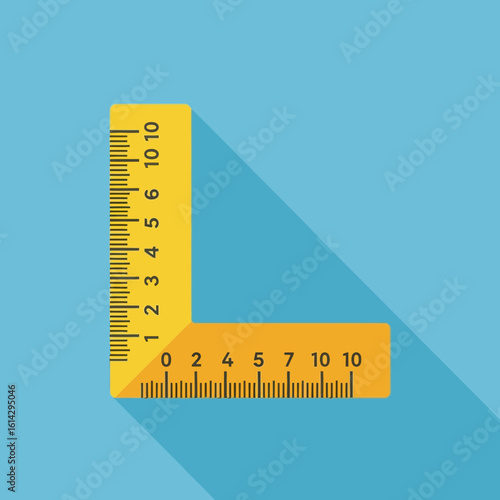 Yellow set square with measurements on blue background with long shadow.