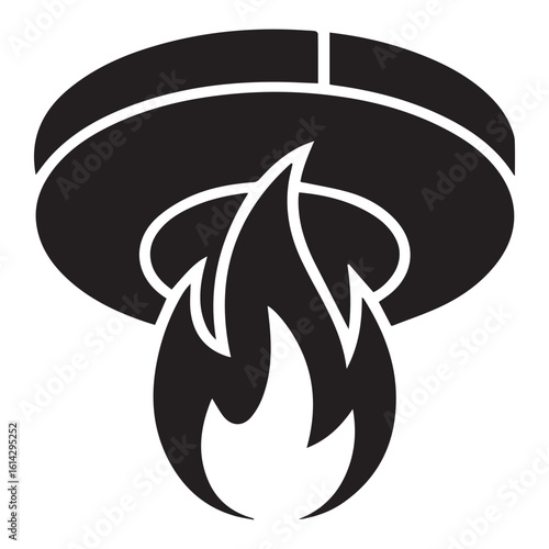 A black and white graphic illustration depicts a smoke detector with flames emanating from it, symbolizing fire safety and alarm systems