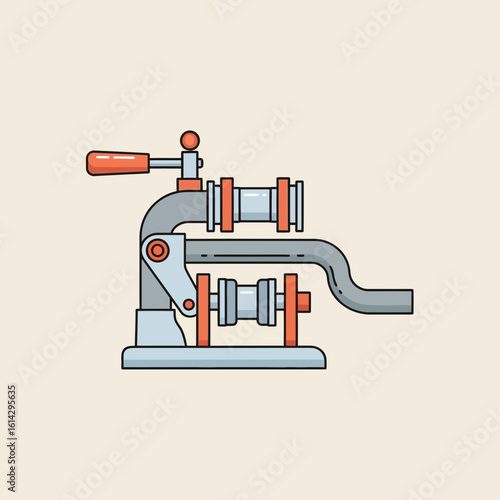 An illustration of a metal machine with a crank and rollers on a beige background.