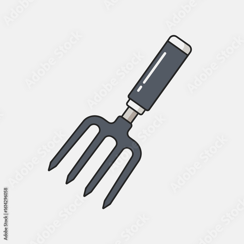 Garden fork tool with gray handle and three tines on a white background.