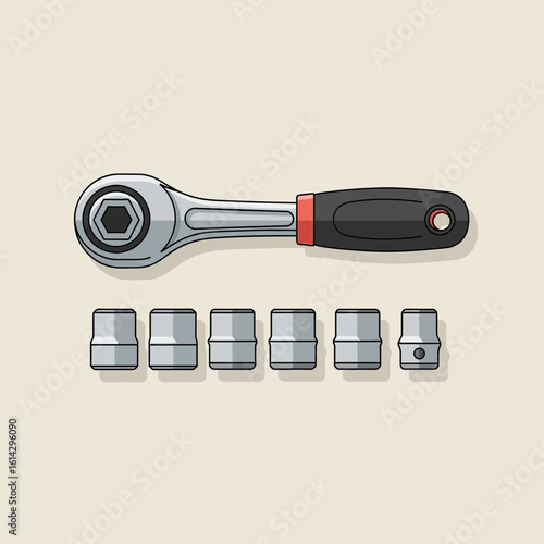 Ratchet wrench and socket set on a neutral background for mechanical work.