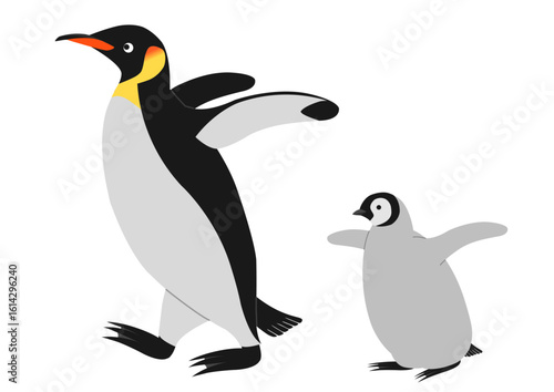 歩くコウテイペンギンの親子のイラスト
