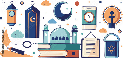 Islamic mosque and cultural symbols with celestial elements and books on white background