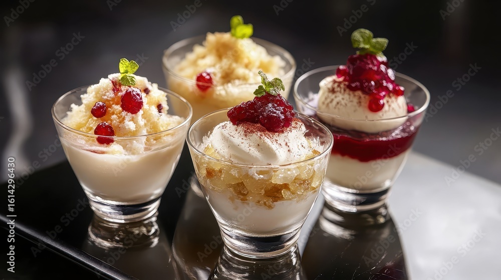 Delicious Variety of Creamy Desserts in Elegant Glass Cups Delicious Variety of Creamy Desserts in Elegant Glass Cups