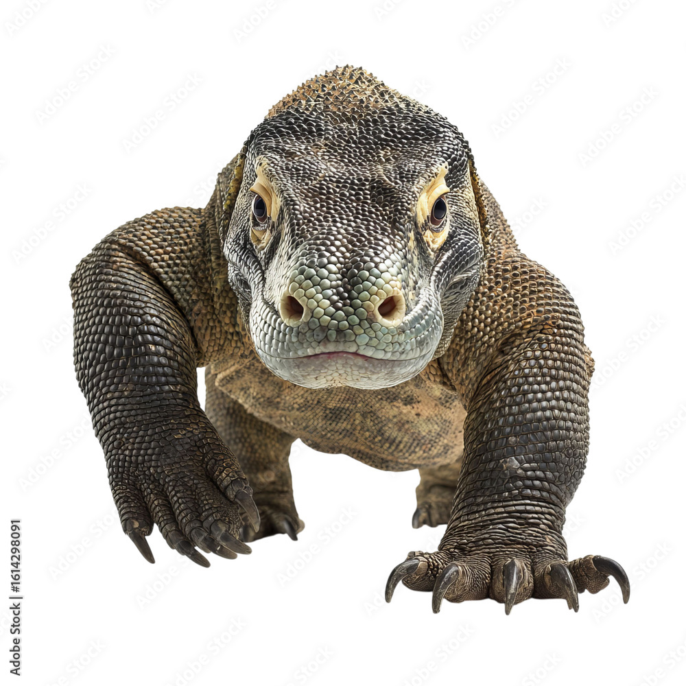 Obraz premium Png of A fierce Komodo dragon crawling forward, showcasing its textured skin and sharp claws in a highly detailed view.