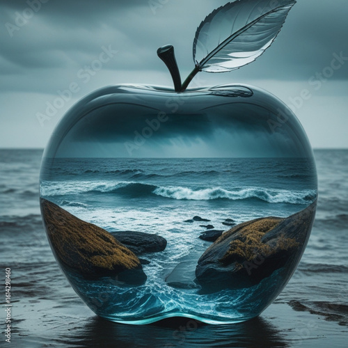 Sebuah apel kaca surealis memperlihatkan pemandangan lautan badai di dalamnya, memadukan keindahan alam dan seni surealis menjadi metafora visual yang mencolok.