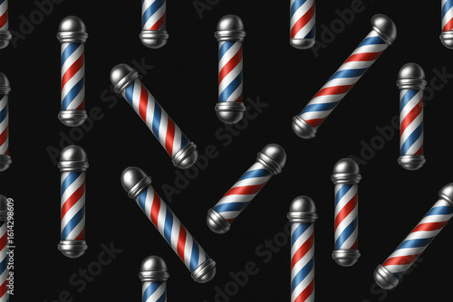 Seamless pattern of realistic 3D barbershop poles with red, white, and blue stripes and chrome caps on a dark black background, ideal for classic grooming themes