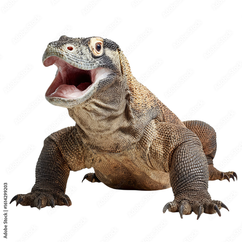 Obraz premium Png of A close-up of a Komodo dragon with its mouth open, showcasing its sharp teeth and textured skin.