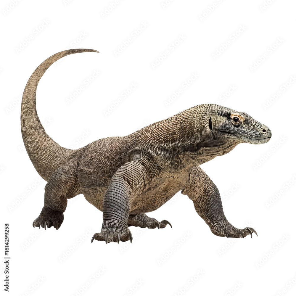 Obraz premium Png of A detailed view of a Komodo dragon showcasing its textured skin and powerful build, evoking a sense of ancient majesty.